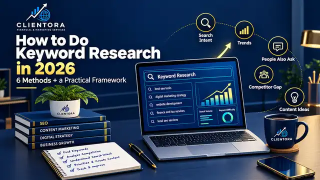 Keyword research in 2026 showing search intent, trends, competitor gaps, content ideas, and SEO analysis on a laptop